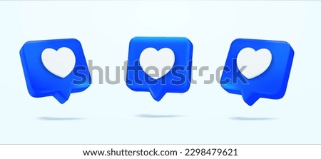 3d heart icon, heart textbox, love social media notification, love icon for instagram on the chat box. Set Like heart icon on a blue pin. Set of heart in speech bubble icon. 3d vector illustration