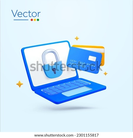 3d laptop with secure lock, banking credit cards, shining effect, isolated on white background. Design concept for online shopping, e-commerce, secured payment. 3d vector illustration.