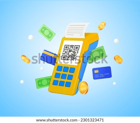 3d pos terminal device with QR code, banking credit cards, dollars, coins flying around, isolated on background. Design concept for online payment, shopping, transaction. 3d vector illustration.