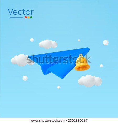 3d paper plane flying on the sky with orange bell, clouds around, isolated on background. Design concept for content marketing, notification, subscribe, newsletter. 3d vector illustration.