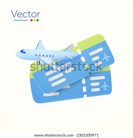 3d airplane with couple of tickets, isolated on white background. Design objects for travel, transportation, tour, holidays. 3d vector illustration.