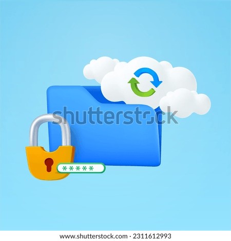 3d folder with cloud, sync icon, secured lock, password input, isolated on background. Design concept for cloud server, security, file, data storage. 3d vector illustration.