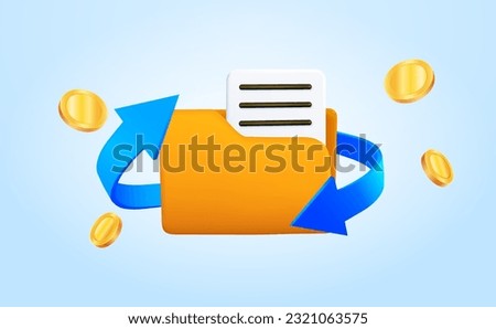 3d folder and file, with cycling arrow, coins flying around, isolated on background. Concept for contract, computer, earning, salary, document, accounting, book keeping. 3d vector illustration.