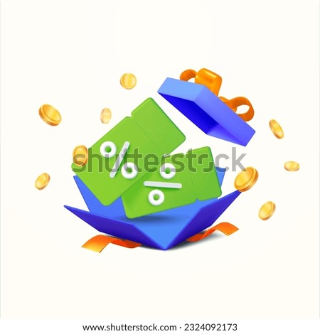 3d opened or exploded box with vouchers, coupons coins, ribbons, isolated on white background. Concept for discount banner, gift, sale off, black friday, profit, cash back. 3d vector illustration.