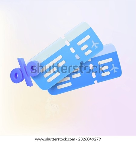 3d flight or airplane tickets with percentage or discount icon, isolated on background. Concept for travel banner, airport, ticket discount hunt, sale off, booking, reserve. 3d vector illustration.