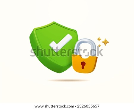3d green check mark on a shield icon, secured lock, isolated on background. Concept for validation, safe account, data, server, information, transaction, antivirus, malware. 3d vector illustration