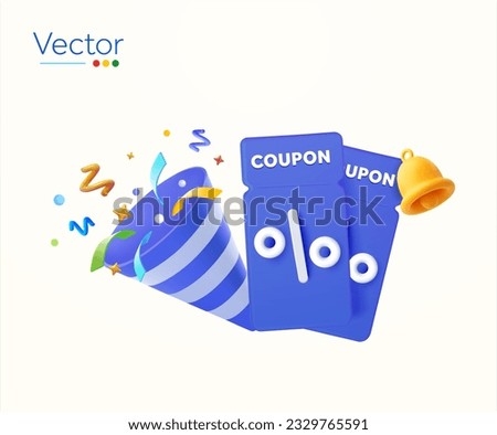 3d coupons, voucher with confetti, explosion effect, notification bell, isolated on white background. Concept for sale off, discount, promotion announcement, campaign. 3d vector illustration.