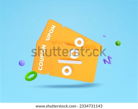 3d yellow vouchers or coupons with percentage icon, confetti effect, isolated on background. Concept for discount, sale off, gift, cashback, sale, promotion, product price. 3d vector illustration.
