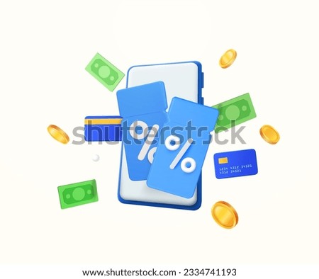 3d vouchers or coupons with smartphone, floating dollar, banking credit card, golden coins, isolated on white background. Concept for cash back, payment, sale promotion. 3d vector illustration.