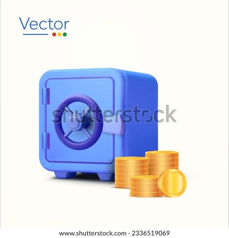 3d blue vault or Safe box, stacks of coins in minimal style, isolated on background. Concept for saving, keeping money, bank, storage, secured. 3d vector illustration.