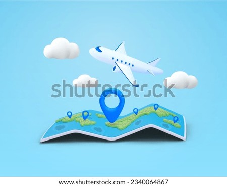 3d world map with pin marker icons, flying airplane, clouds, isolated on background. Travel tour booking banner template, hotel and resort, airport icon, delivery and logistics vector illustration.
