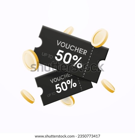 Black and white voucher card cash back template design with coupon code promotion. Black friday special price offers sale coupon. Vector gift voucher, gold coin. 3d coupon, 3d voucher, exchange.