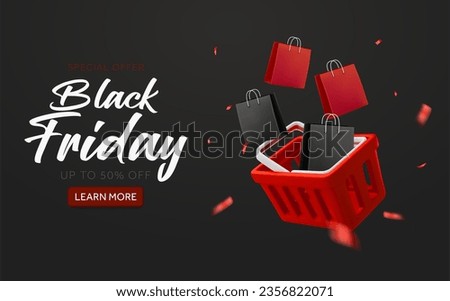 3d black friday banner template with CTA button. Red shopping basket with black shopping bags icon. Voucher or coupon rain effect background. Premium sale off, discount event. 3d Vector illustration.
