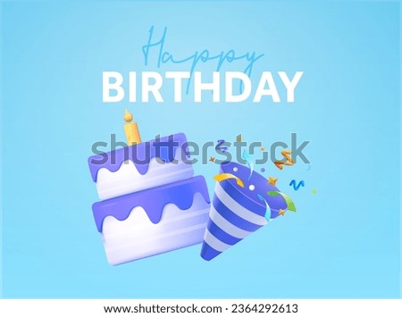 Happy birthday card and banner template with birthday cakes and confetti. 3d rendered birthday and confetti icon isolated on background. 3d vector illustration