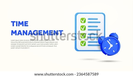 Task management, business operation solution banner template with clock, clipboard with list and checkboxes on it. CRM, ERP sass landing page concept. 3d rendered task icon. vector illustration