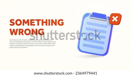 3d rejection of submission file landing page template with clipboard and red cross mark. Error or invalid file concept. 3d rendered invalid file icon isolated on background. 3d vector illustration