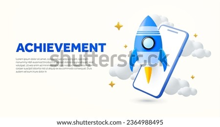 Technology startup banner template with mobile phone and rocket. Mobile app development, stock or crypto investment landing page concept. 3d rendered startup or mobile app invest icon. 3d vector