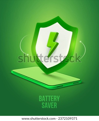 3d phone battery saver banner template with phone and energy shield icon. 3d rendered smartphone and energy shield icon isolated on background. Vector illustration