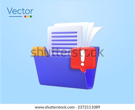 3d files and dark blue folder with error icon, minimal style isolated on background. 3d missing document icon, invalid computer file symbol, deleted data, corrupted symbol. Vector illustration