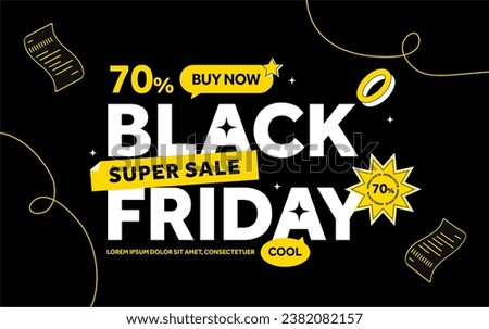 Black friday super sale banner template with 70 percent off badge, bill, 2d decoration. Premium price off event gift card. Voucher and poster. Vector illustration.