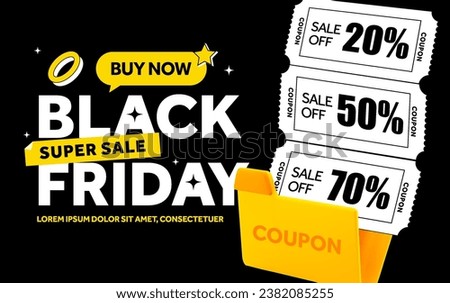 Black Friday super sale banner template with 20, 50 and 70 percent coupons flying out of a folder, isolated on background. Premium price off event. Discount voucher deal. Flat vector illustration.