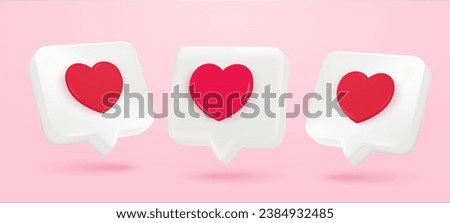 3d Heart textbox, heart icon, love social media notification, love bubble, chat box. 3d rendered Like, heart icon on a white pin, isolated. Set of heart in speech bubble symbol. Vector illustration