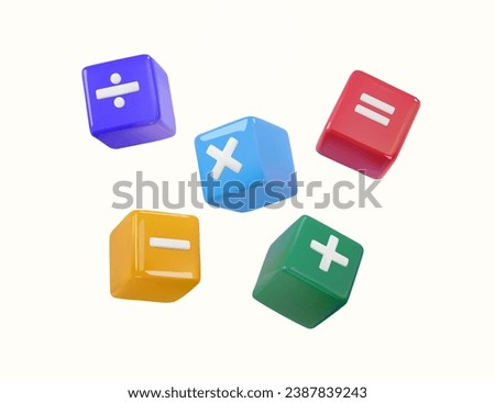 3d rendered colorful basic math calculation symbol in cube shape, plus and minus, multiplication and divide, equal. Math teaching and learning toys. Primary educational tool. Vector illustration.