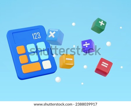3d basic math and calculation learning, accounting concept with calculator, basic math calculation symbol in cube shape, plus and minus, multiplication and divide, equal, isolated. 3d vector