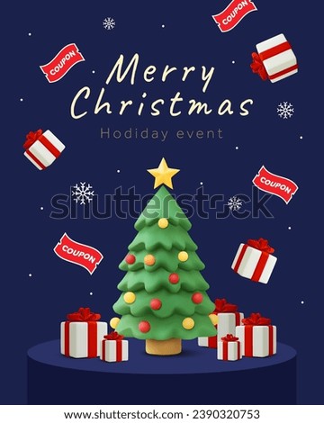 Merry Christmas sale gift-giveaway event banner template with cute pine tree, flying gift boxes and coupons. Christmas promotional gift card concept. Newsletter voucher idea. Vector illustration