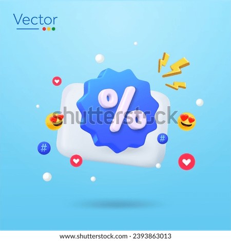 3d promotion on social media banner concept with percentage icon, chat box, emoticons. 3d rendered livestream icon isolated on background. Cartoon and minimal style Vector illustration
