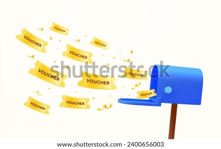 3d coupon giveaway, special discount event banner template with golden coupons flying out of mail box. Limited sale off vouchers background. Newsletter gift card idea. 3d Vector illustration