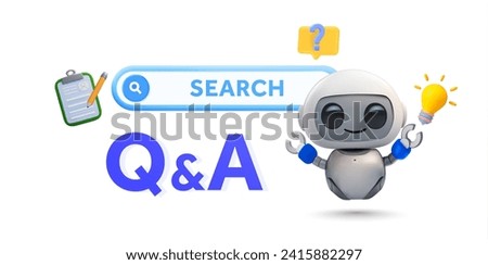 3d knowledge search, AI-powered chat bot, question and answer banner template. 3d rendered modern robot with search box, clipboard, bulb and question mark, isolated on background. Vector illustration.