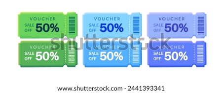 3d multicolor coupon promotion illustration set. Coupon set, minimal discount coupon, gift voucher, coupon book. Voucher card isolated on white background. 3d vector illustration.