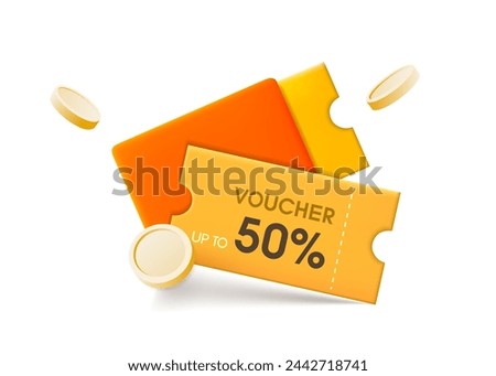 Yellow voucher card sale off template design with coupon code promotion. Premium special percentage discount offers with coupon. Vector gift voucher, gold coin. 3d vector coupon, 3d voucher, exchange.