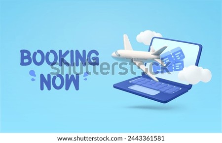 Tour online booking banner template with 3d airplane, couple of flight tickets, laptop, clouds. Vacation and ariel travel application banner background. 3d vector illustration