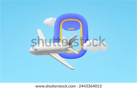 3d Airplane flying out of window with clouds, sky. 3d Airplane window, travel and tour banner background template. Vector illustration