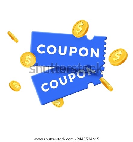 Voucher card sale off template design with coupon code promotion. 3d minimal coupon with golden coin, isolated on white background. Gift voucher. 3d vector coupon, voucher and exchange.