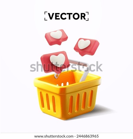 3d wish list shopping banner template with yellow shopping cart with heart or love icons flying above, isolated on white background. Top pick shopping banner idea. 3d vector illustration