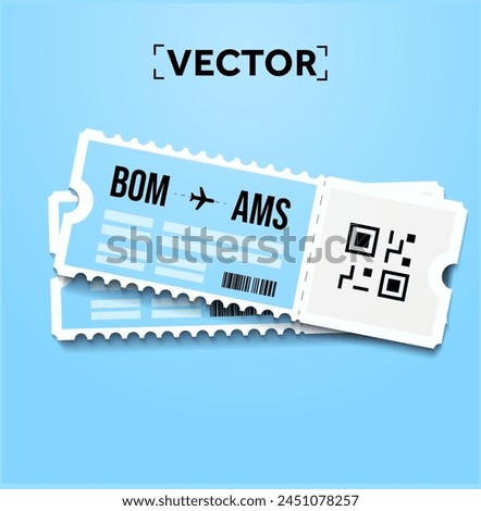 3d couple of airplane tickets with QR code, bar code isolated on background. 3d flight ticket icon, rendered aerial ticket. Vector illustration