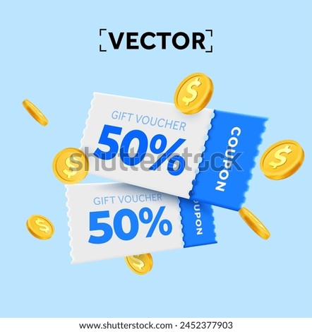 3d couple of promotional coupons with coupon code, golden coins. Special giveaway with coupons or vouchers, percentage off. Gift voucher and gold coin dollar sign template. 3d vector illustration