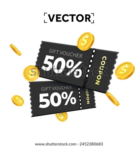 3d couple of premium black coupons with coupon code, golden coins. Promotional event with coupons or vouchers, percentage off. Gift voucher and gold coin dollar sign template. 3d vector illustration