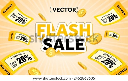 3d flash sale banner template with flying coupons and coins, isolated on background. Voucher giveaway poster. Coupon code offer with sale off event. Vector illustration