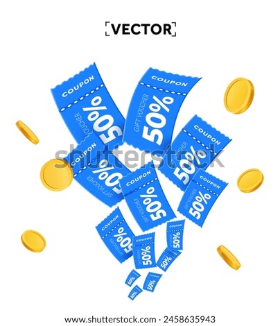 Voucher card sale off background with coupon code promotion. 3d minimal coupon flying up with golden coin, isolated on white background. Gift voucher. 3d vector coupon, voucher and exchange.