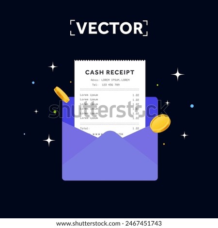 Purchase receipt or bill inside an envelope, with golden coins, isolated on dark background. Payment receipt banner or email template. Vector illustration