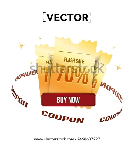 3d flash sale coupon with 70 percent off, coupon code, isolated on white background. Special golden discount voucher icon. Price off with coupon symbol. 3d vector illustration