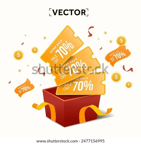 3d golden coupons with percentage off flying out of gift box with ribbon, isolated on white background. 3d vouchers give away template. Special promotion with gift box. Vector illustration.