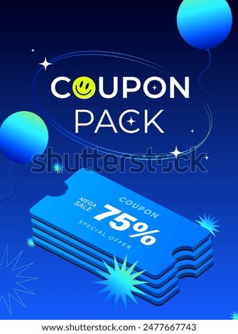 3d coupon pack, stack of coupons giveaway banner template with coupon code and percentage off, isolated on abstract blue background. Special voucher deal banner. 3d vector illustration