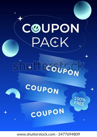 Pack of cute 3d transparent coupons, isolated on blue sky with moon background. Coupon pack giveaway banner template. Special discount voucher deal and price off event. 3d Vector illustration.