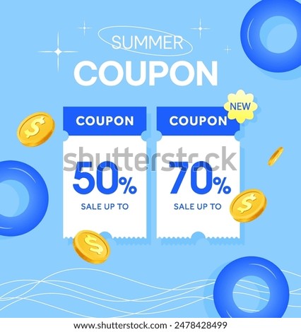 Couple of super 3d coupon with percentage off, coupon code, golden coin, isolated on blue background. Special discount voucher giveaway banner template. 3d Vector illustration.