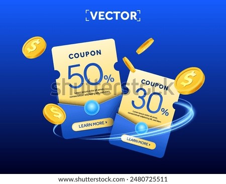 3d set of yellow coupon wrapped with an blue envelope, abstract wave, CTA button, isolated on background. Coupon code with percentage off. Discount voucher giveaway banner template. 3d Vector.